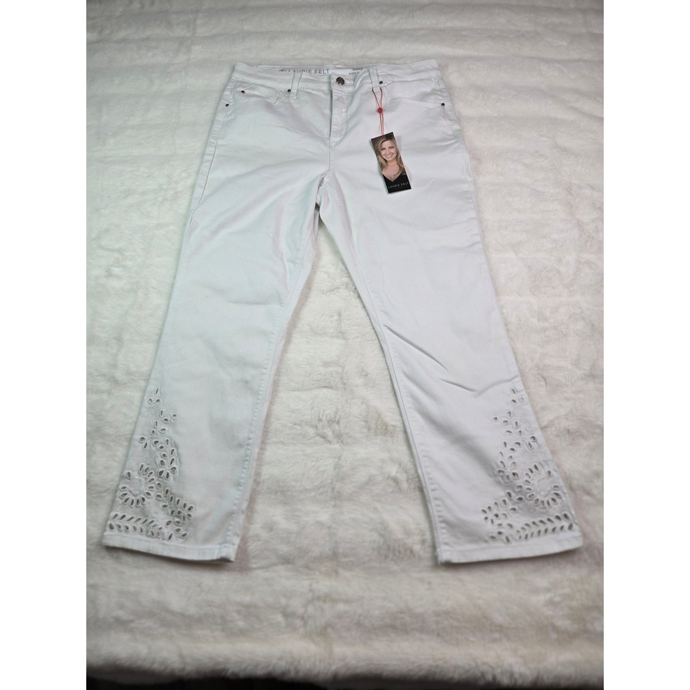 Laurie Felt Daisy Ankle Straight White Eyelet Embroidered Jeans Womens 14 NEW
